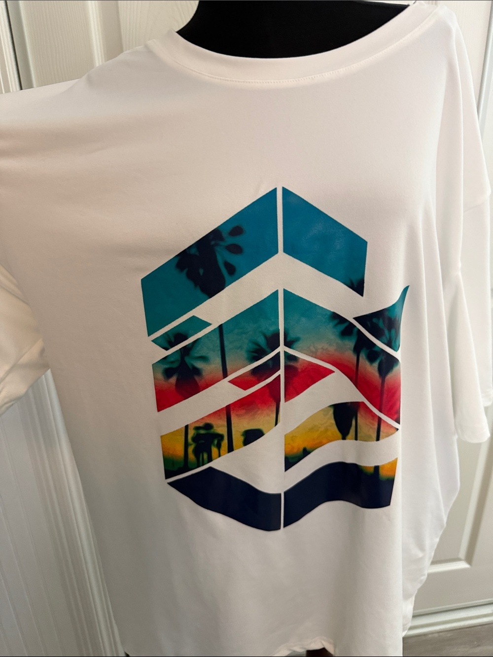 White Tee with Colorful Sunset Graphic NWOT